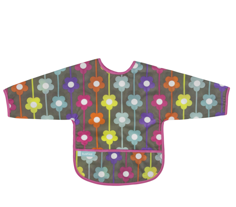 KUSHIES Cleanbib With Sleeves Toddler (1224M) Charcoal Daisies